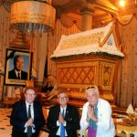 Journalist Luke Hunt with former publisher Michael Hayes and photographer Tim Page at the casket of the late King Father Norodom Sihanouk.