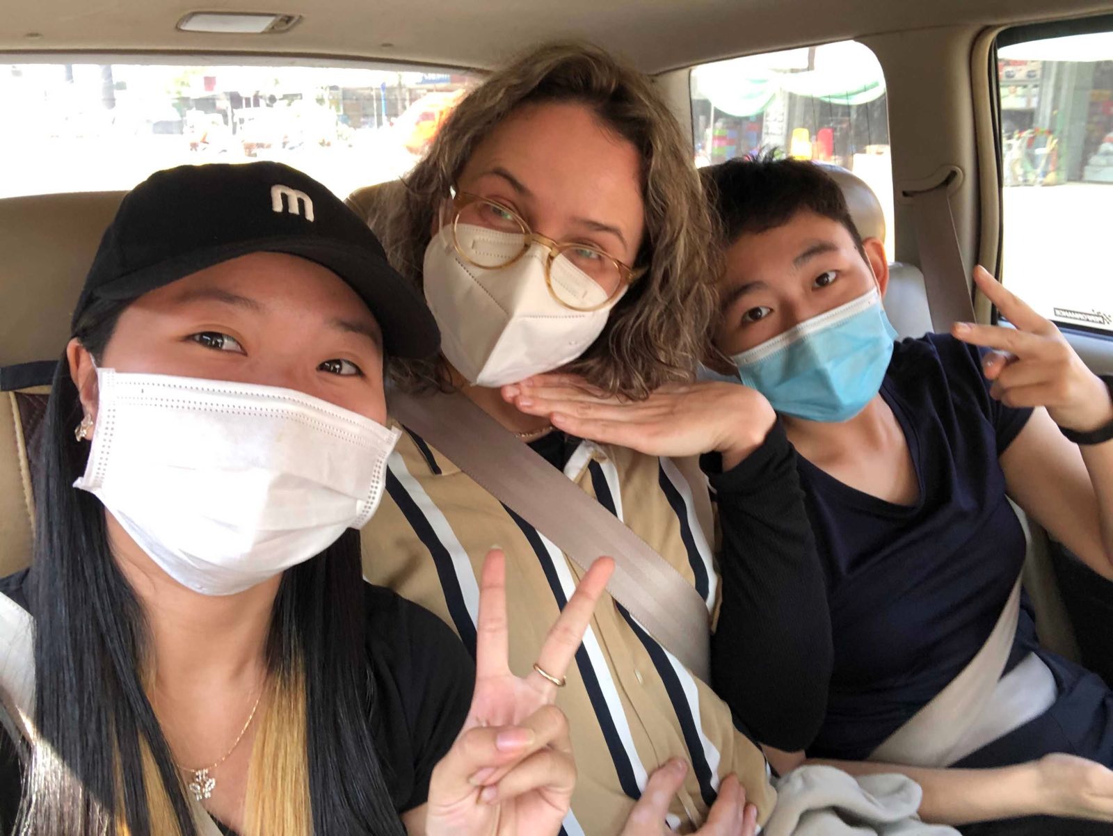 Newsroom Cambodia trainee Klaing Kimhouy and OPCC mentors Marta Kasztelan and Cindy Liu (from left) on a reporting trip in January 2021.